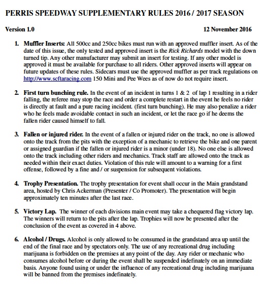2016-2017 Perris Speedway Supplementary Rules